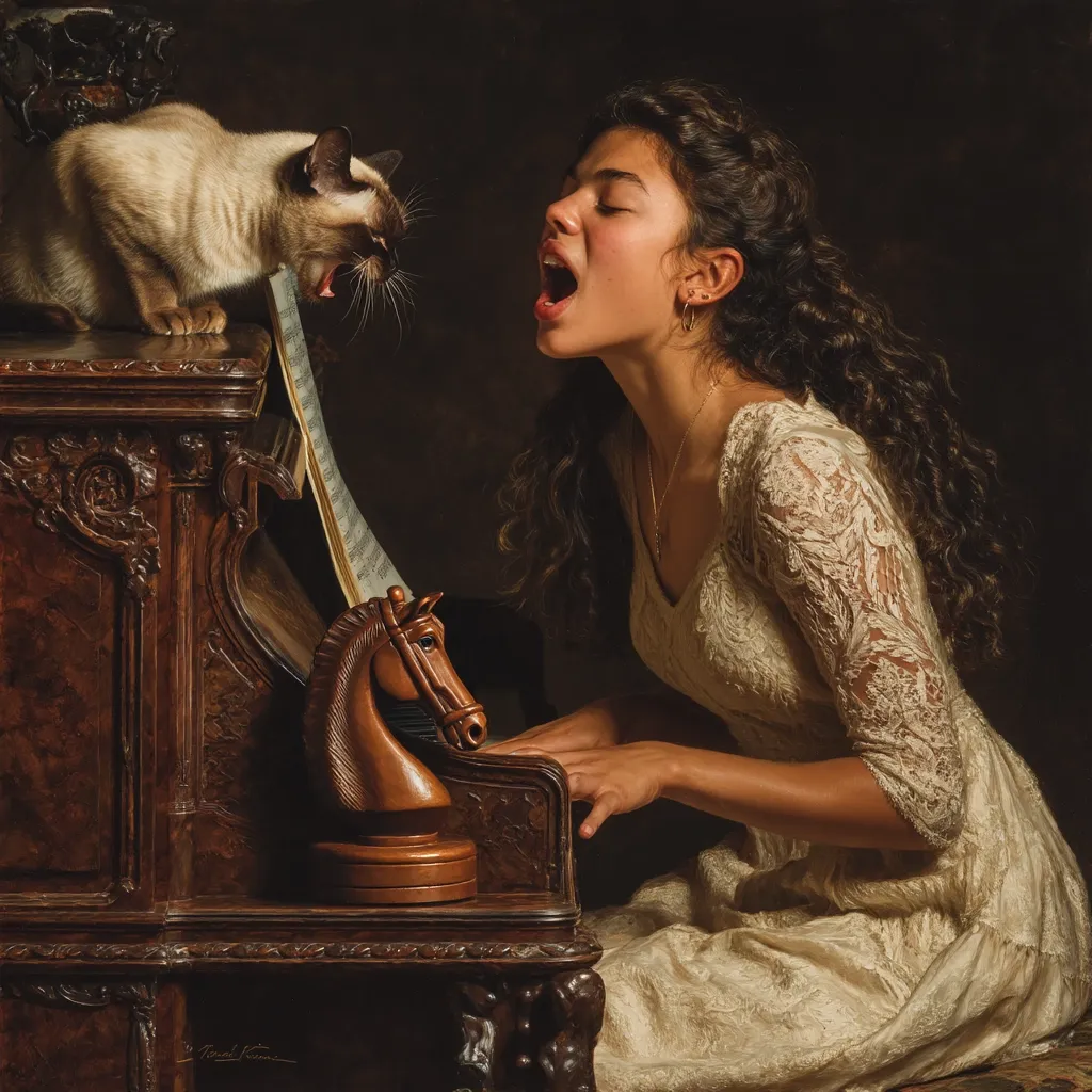A young woman in a cream lace dress sits at an antique piano, her mouth open in song. A Siamese cat perched on the piano's ornate top, also seems to be singing along.  A carved wooden chess knight rests on the piano's edge. The scene is dramatically lit, creating a rich, dark atmosphere. The painting evokes a sense of classic elegance and whimsical charm.