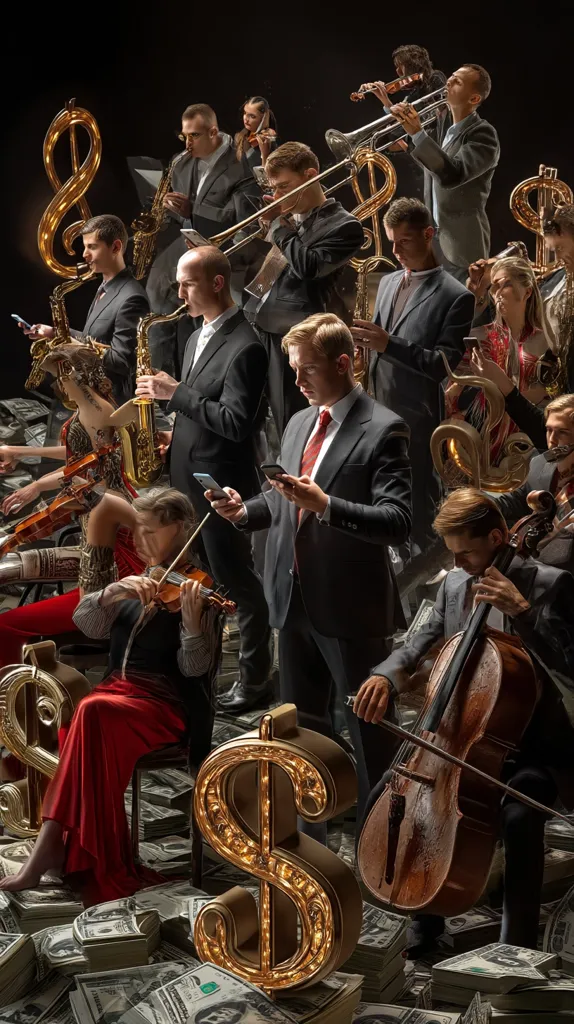 A large orchestra is surrounded by stacks of money and oversized dollar signs.  Musicians play various instruments, including violins, cellos, saxophones, and trumpets, while simultaneously looking at their cell phones. The scene is darkly lit, creating a dramatic contrast between the opulence of the setting and the musicians' seeming preoccupation with their devices.