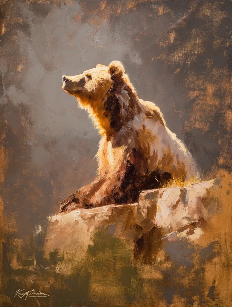 A majestic grizzly bear, bathed in warm sunlight, is depicted in this impressionistic oil painting.  The bear sits atop a rocky outcrop, its gaze directed upward, conveying a sense of contemplation or alertness.  The artist uses loose brushstrokes and a muted palette, focusing on light and shadow to capture the animal's form and the atmospheric mood.  The overall effect is one of serene power and wild beauty.