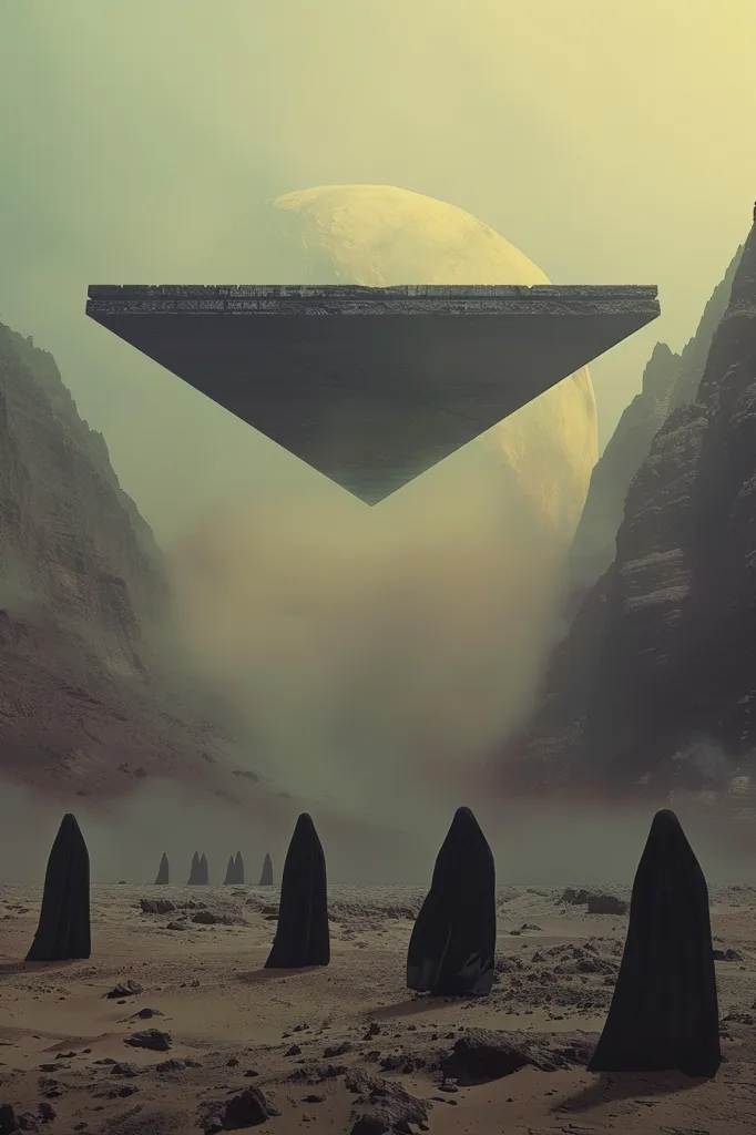 A large, triangular, dark spacecraft hovers above a desolate, rocky landscape under a pale moon.  Figures in dark cloaks walk across the barren sand, their backs to the viewer, creating a sense of mystery and isolation. The scene is hazy and atmospheric, evoking a feeling of otherworldliness and perhaps a sense of foreboding.  The overall palette is muted and somber.