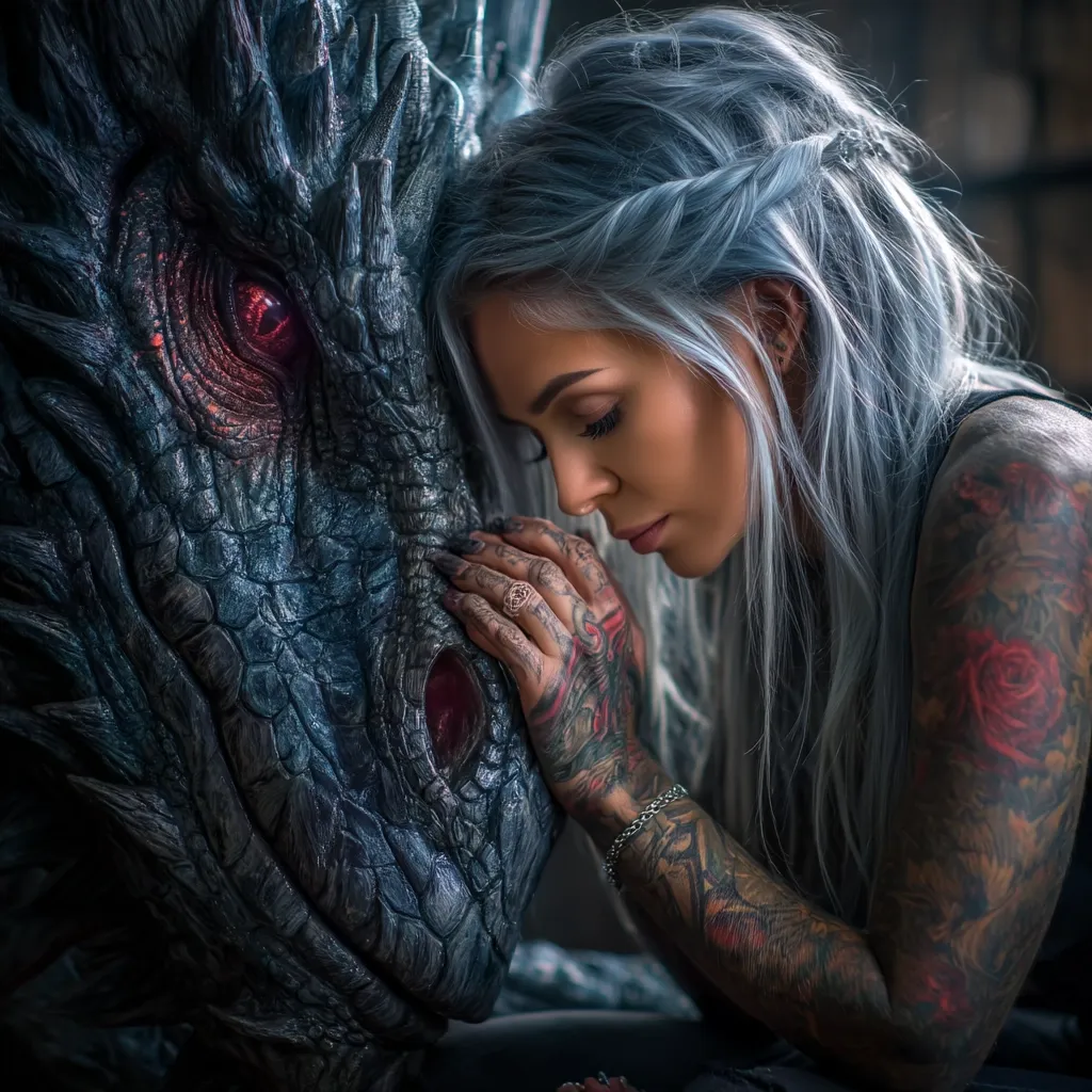 A young woman with long, blue hair and extensive arm tattoos gently rests her forehead against the head of a large, dark gray dragon.  The dragon's scales and intense red eye are highly detailed. The scene is moody and dramatic, suggesting a bond between the woman and the mythical creature.  The image evokes a sense of fantasy and mystery.