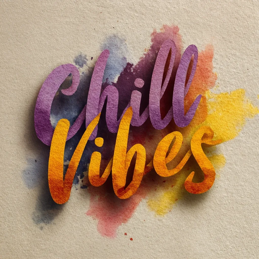 The image features the words "Chill Vibes" in a stylized, textured font.  "Chill" is rendered in purple, while "Vibes" is in gold.  The lettering appears three-dimensional, layered over a vibrant watercolor background of oranges, yellows, purples, and reds. The overall effect is relaxed and positive, evoking a feeling of calmness and good energy. The text and background are set against a neutral beige paper-like texture.