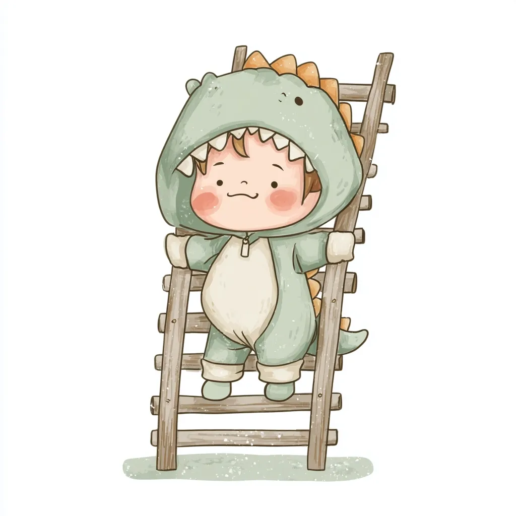 An adorable toddler, dressed in a charming light-green dinosaur onesie, is carefully climbing a rustic wooden ladder.  The child's rosy cheeks and sweet expression add to the overall cuteness of the illustration, which is rendered in a soft, watercolor-like style. The scene is simple yet evokes feelings of warmth and childhood innocence.