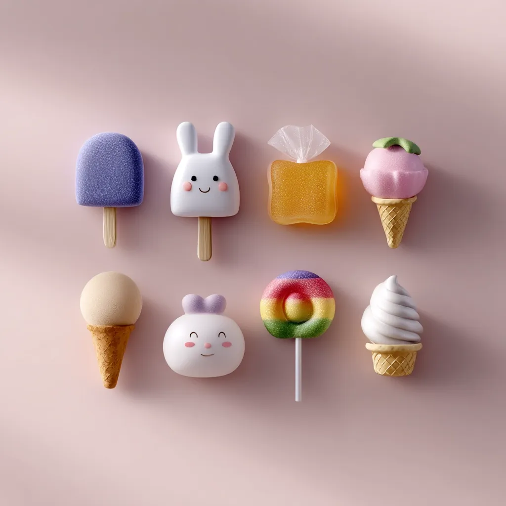 A pastel pink background showcases a delightful arrangement of miniature sweet treats.  There are ice cream cones, popsicles shaped like a bunny and a half-circle, a gummy candy, a lollipop, and a cute mochi-like dessert. Each item is meticulously crafted with a charming, simplistic design, creating a whimsical and appealing image.  The overall aesthetic is light, playful, and summery.