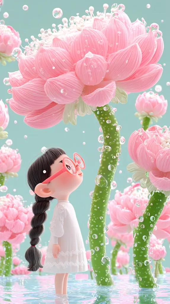 A charming illustration depicts a cute girl with dark braids and glasses, gazing up at a large, pink lotus flower.  Water droplets surround them, creating a whimsical, ethereal atmosphere. The girl wears a white dress and stands in shallow water amongst many smaller pink lotus blossoms, adding to the dreamy scene. The overall style is soft, sweet, and digitally rendered.