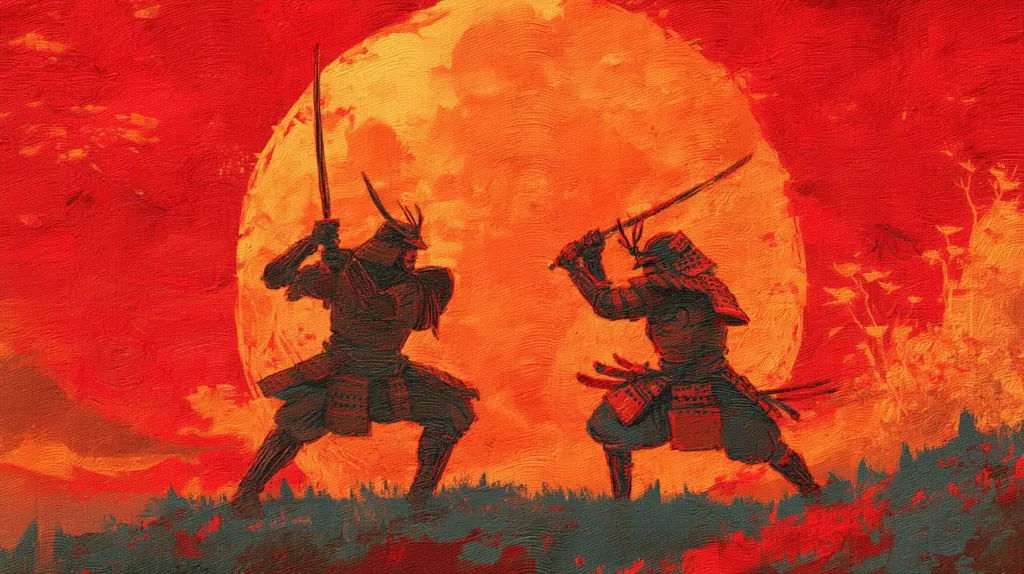 Two samurai warriors, clad in traditional armor, engage in a duel under a large, fiery orange moon.  Their swords are raised, poised for the next strike. The artwork is rendered in a painterly style with bold strokes and a dominant red and orange color palette, creating a dramatic and intense atmosphere. The scene suggests a moment of conflict and determination against a backdrop of a setting sun or rising moon.