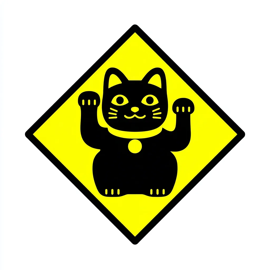 A yellow diamond-shaped warning sign features a black Maneki-neko, or beckoning cat, in a stylized cartoon form.  The cat is depicted with raised paws, a characteristic pose associated with good luck and fortune in Japanese culture. The bold black and yellow colors make the image easily visible.