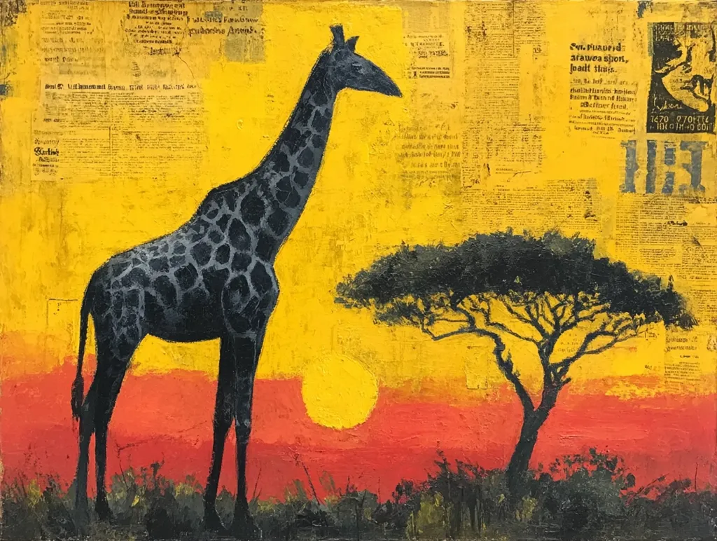 A stylized painting depicts a black giraffe standing in profile against a vibrant yellow background overlaid with snippets of aged newspaper text.  A dark acacia tree stands to the right, silhouetted against a sunset of orange and red hues. The artwork blends textured layers with a bold color palette, creating a striking contrast between the animal and the abstract background.
