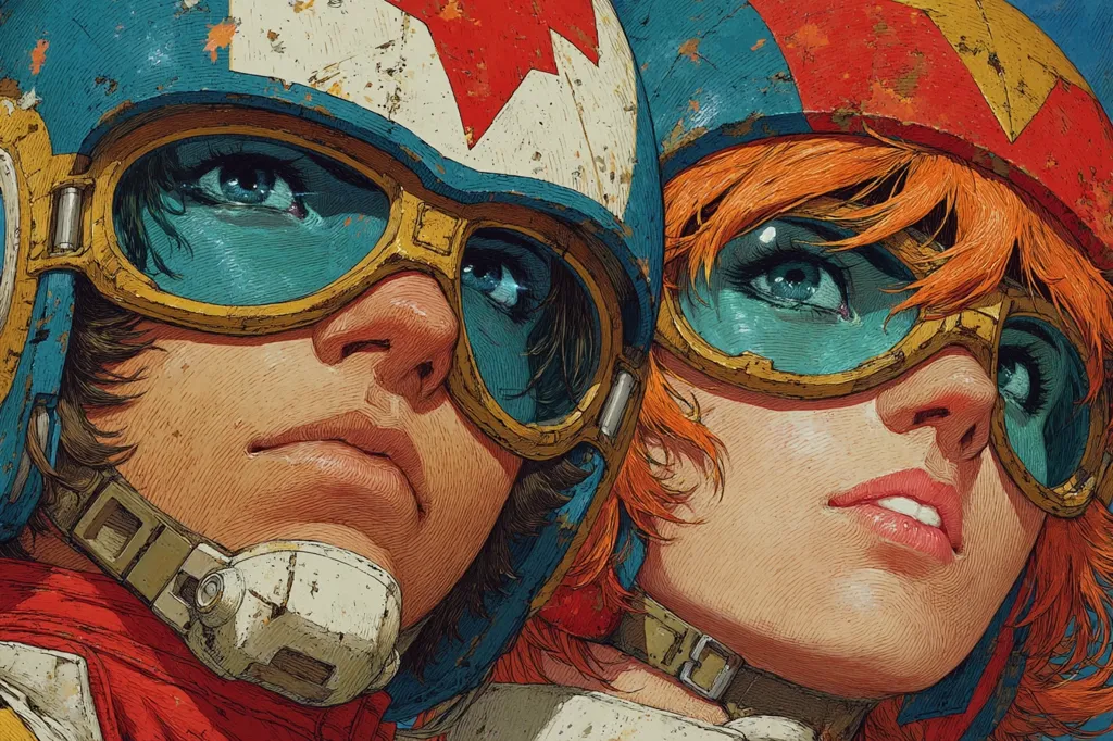 A close-up illustration showcases two individuals, likely a male and female, wearing vintage-style aviator helmets and goggles.  Their faces are rendered with a detailed, textured style, suggesting a painted or drawn medium. The helmets are distressed, showing wear and tear, adding to the retro aesthetic.  Their expressions are serene yet determined, hinting at a narrative of adventure or daring. The color palette is rich and saturated, with pops of red and blue contrasting against the muted tones of the helmets and skin.