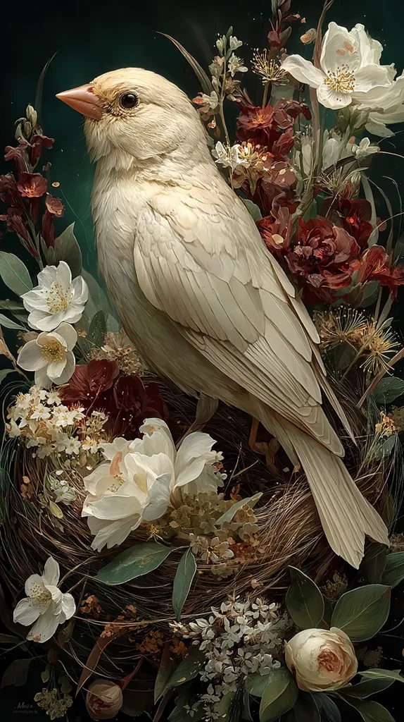 A pristine white bird, possibly a finch, perches gracefully within a nest nestled amongst an array of dark red and creamy white flowers. The composition is rich with textures and contrasts, showcasing the bird's delicate feathers against the deep hues of the blooms.  The overall style suggests a romantic, almost melancholic, botanical illustration. The dark background emphasizes the bird and floral arrangement.