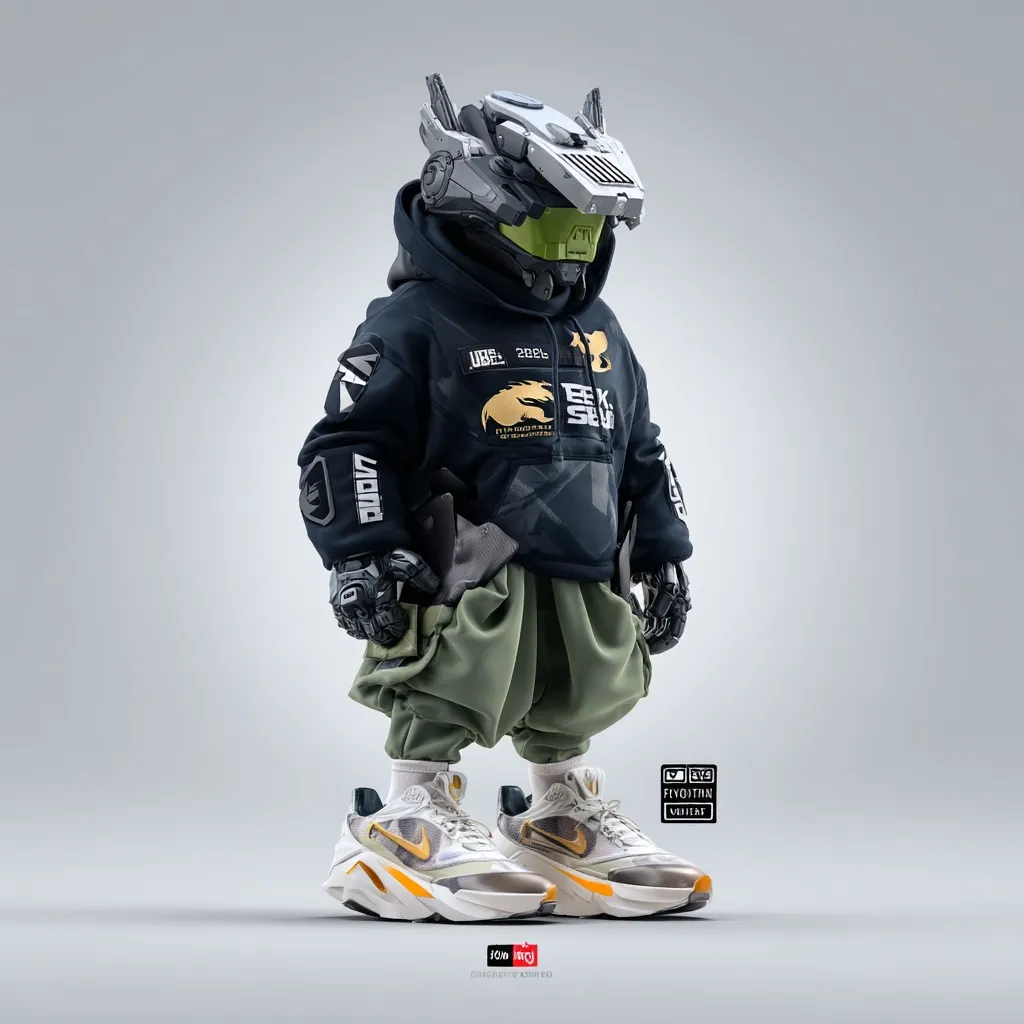 A digital rendering showcases a stylized figure, possibly a child or robot, clad in futuristic streetwear.  The outfit includes a black hoodie with graphic designs, olive green pants, and chunky, futuristic sneakers. A large, grey and green helmet with robotic features completes the look, creating a blend of streetwear and sci-fi aesthetics.  The background is a simple, neutral grey.