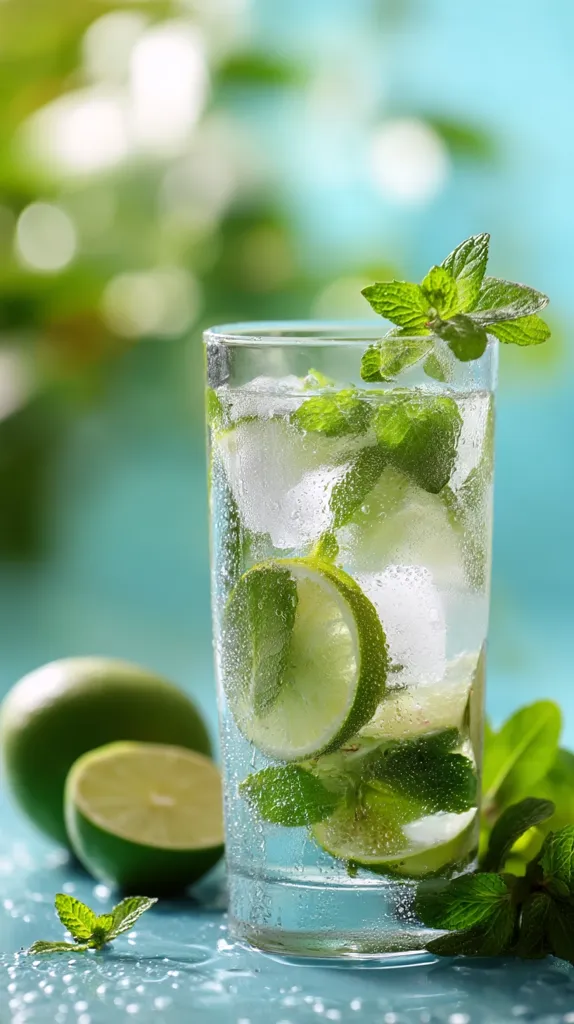 A refreshing glass of lime and mint iced water sits on a blue surface.  Ice cubes and lime wedges are visible within the condensation-covered glass.  Fresh mint sprigs garnish the drink, and whole limes are blurred in the foreground, creating a vibrant summer beverage image.  The background is a soft, out-of-focus aqua and green.