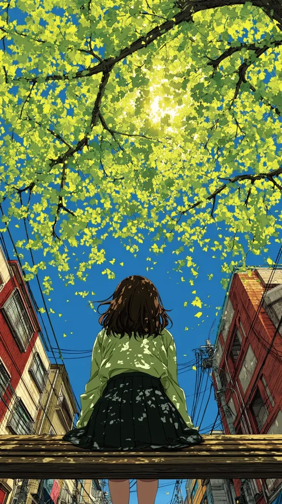 A young woman with brown hair sits on a park bench, her back to the viewer.  She wears a light green shirt and dark pleated skirt. Above her, a vibrant green tree canopy fills the frame, leaves falling onto a sunny blue sky.  Buildings line a narrow street below, creating a picturesque urban setting. The scene is idyllic and peaceful, bathed in warm sunlight.