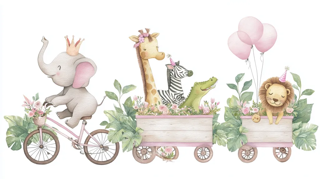 A watercolor illustration features a whimsical parade of safari animals. A crown-wearing elephant pedals a pink bicycle, leading a wagon carrying a giraffe, zebra, and crocodile.  A lion sits in a second wagon, accompanied by pink balloons and lush tropical foliage.  The scene is charming and perfect for children's decor.