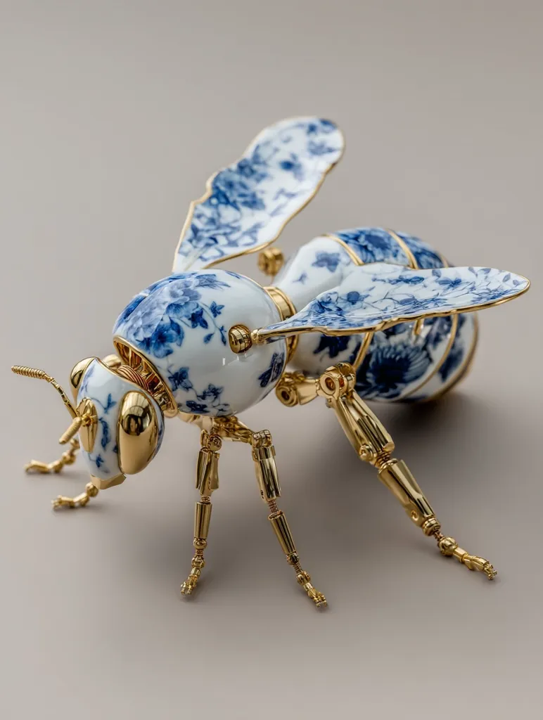A meticulously crafted robotic bee, its body fashioned from delicate blue and white porcelain, is adorned with gold metallic legs and antennae.  The porcelain features a floral pattern reminiscent of traditional Chinese blue and white ware. The contrast between the delicate porcelain and the precision engineering of the gold metalwork creates a striking visual effect. The artwork presents a unique blend of artistry and mechanics.
