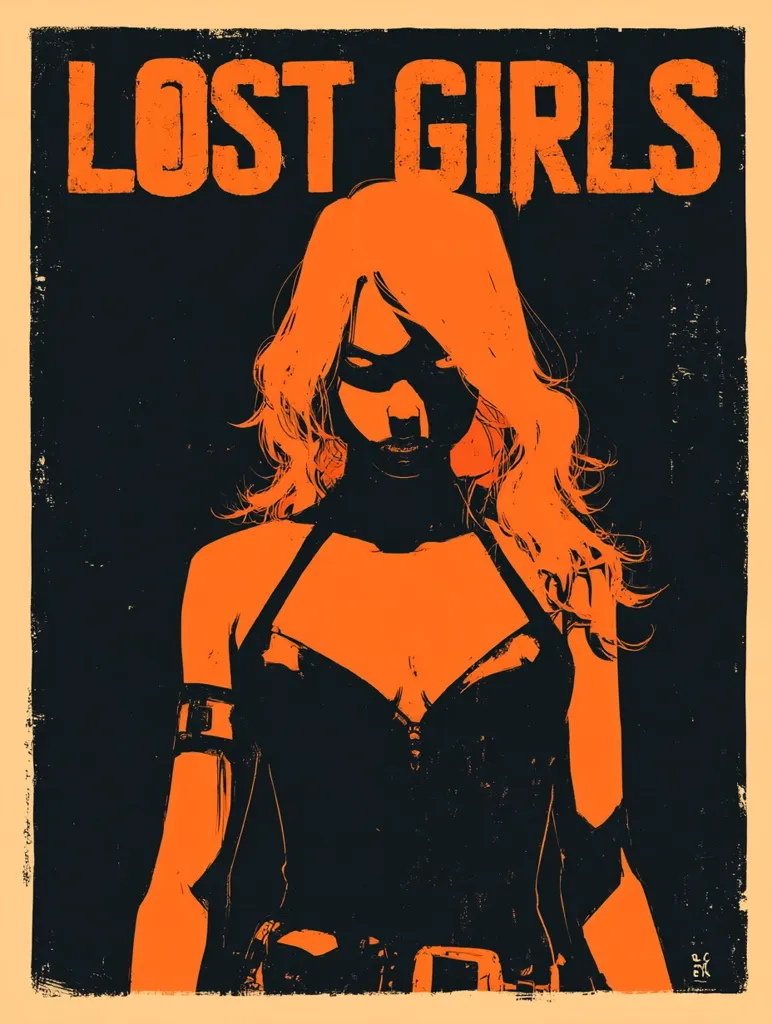 A stylized poster for "Lost Girls" features a woman in a dark, halter-top outfit.  Her orange silhouette is stark against a black background, creating a gritty, vintage aesthetic. The title is prominently displayed in a bold, distressed font.  Her expression is serious, and she wears a mask covering her eyes. The overall style evokes a sense of mystery and intrigue.