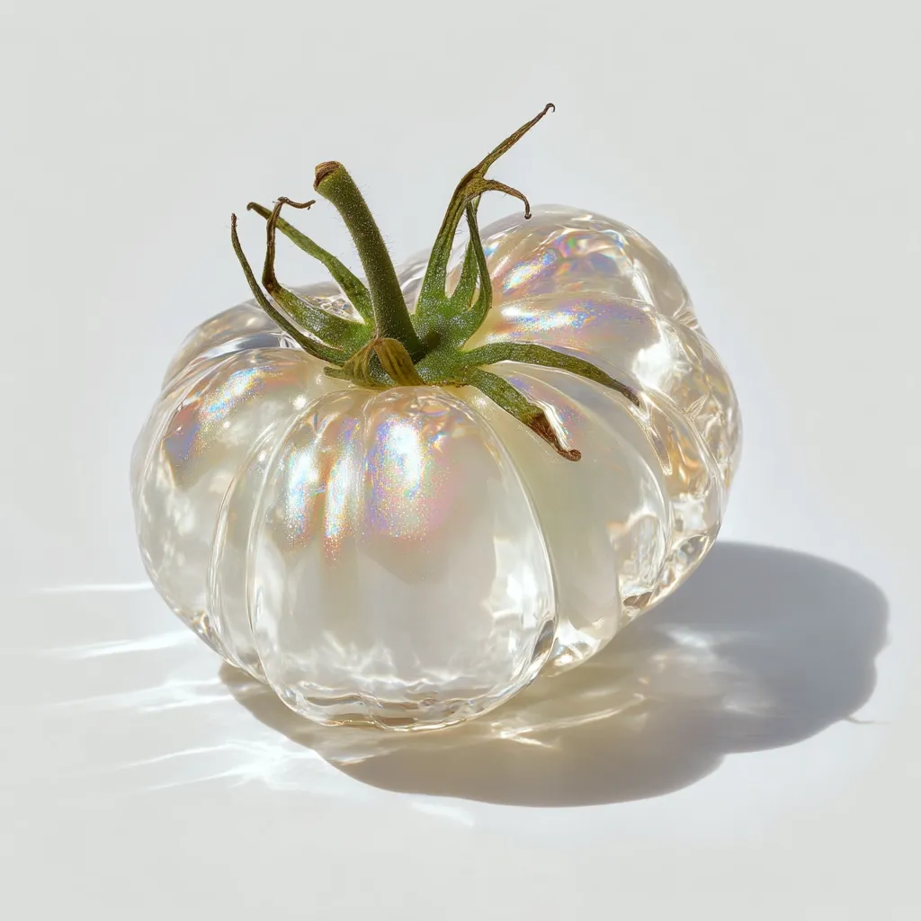 A glass sculpture resembling a white tomato sits on a white surface.  The translucent glass captures and refracts light, creating an iridescent, pearly sheen.  The stem is realistically rendered in green. The sculpture casts a soft shadow, enhancing its delicate appearance.  The overall effect is one of ethereal beauty and subtle elegance.