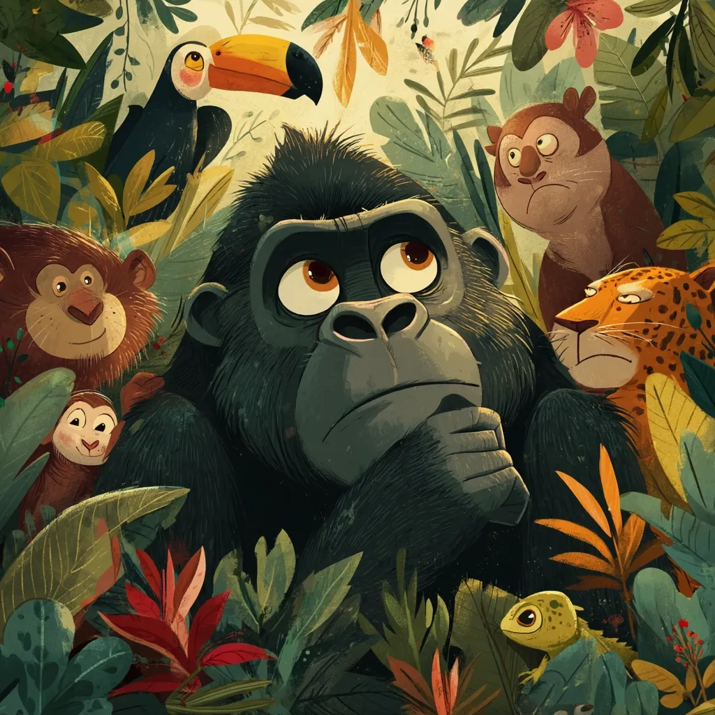 A pensive gorilla is surrounded by a vibrant jungle scene.  A toucan, monkeys, a jaguar, and a lizard share the lush foliage. The gorilla's thoughtful expression contrasts with the lively animals and tropical plants, creating a captivating illustration of jungle life.  The artwork is stylized with bold colors and textures.