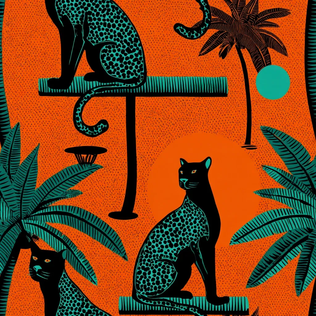 A vibrant, stylized print features black panthers with teal spots perched on minimalist platforms amidst lush teal palm fronds against a bold orange backdrop.  Geometric shapes and a setting sun add to the graphic, Art Deco-inspired design.  The overall effect is one of bold color and exotic, tropical elegance.