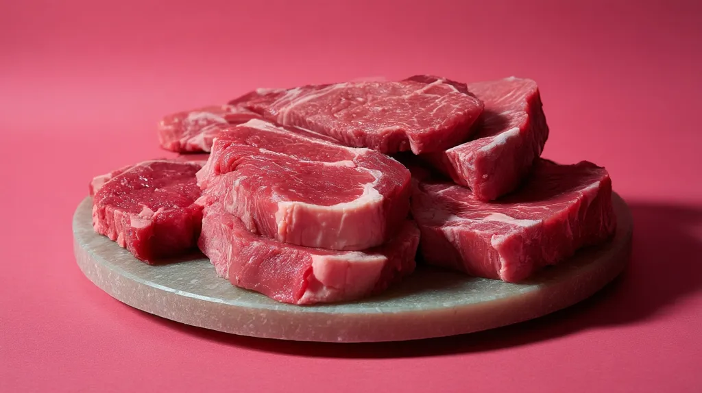 A round, light-green marble slab displays a stack of raw beef steaks.  The steaks vary in size and thickness, showing rich marbling.  They're arranged somewhat haphazardly, creating a visually appealing display against a vibrant pink background. The uncooked meat is a deep crimson red.
