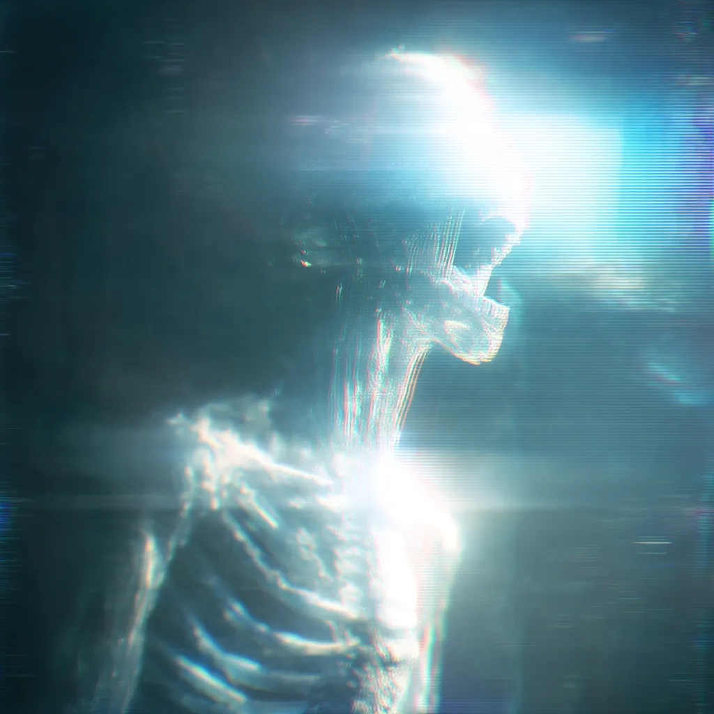 A stylized image depicts a translucent, skeletal figure, possibly alien, bathed in ethereal blue light.  The figure's form is distorted, with a glitching, digital effect overlaying its anatomy, suggestive of a corrupted data stream or holographic projection.  A bright light emanates from its head, adding to the otherworldly and enigmatic atmosphere. The overall aesthetic is cyberpunk-influenced, with a blend of digital and biological elements.