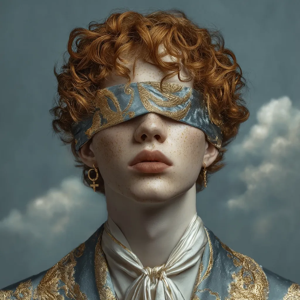 A young man with vibrant red curly hair is the focus of a portrait.  His eyes are covered by a luxurious, teal and gold patterned blindfold. He wears a richly embellished, teal jacket with gold embroidery, and a flowing white cravat.  A gold earring dangles from his ear. The background is a soft, muted blue with hints of clouds, creating a dreamy, almost ethereal atmosphere.