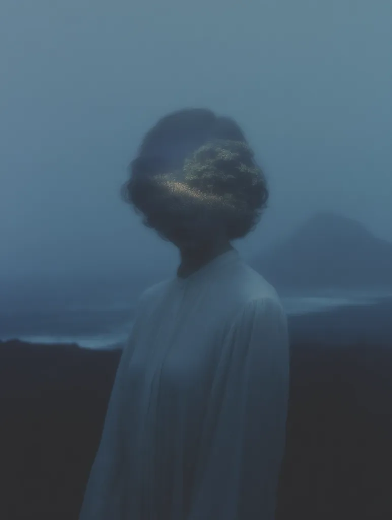 A surreal image depicts a person, seemingly female, wearing a white shirt. Their head is partially obscured by a hazy, dreamlike overlay of a glowing, flowering plant. The backdrop is a dark, moody landscape under a twilight sky, suggesting a melancholic or contemplative mood.  The overall effect is ethereal and mysterious.