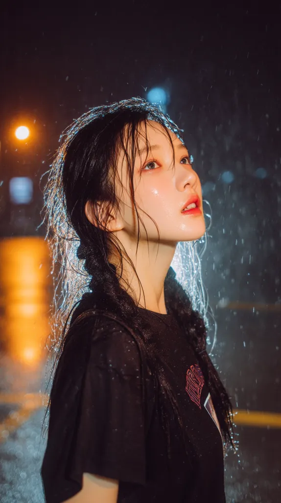 A young woman with long, dark hair stands in the rain at night.  Water droplets cling to her wet hair and clothes.  She is wearing a black t-shirt and looks up towards the blurred city lights in the background, her expression serene despite the downpour. The overall mood is melancholic yet beautiful.