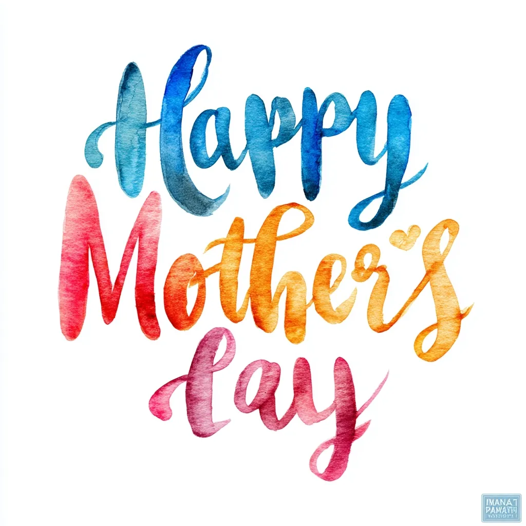 A vibrant watercolor design proclaims "Happy Mother's Day" in a colorful script.  The words transition smoothly from cool blues and teals in "Happy" to warm oranges and reds in "Mother's Day," creating a visually appealing gradient effect. The lettering style is elegant and expressive, suitable for a greeting card or celebratory artwork.