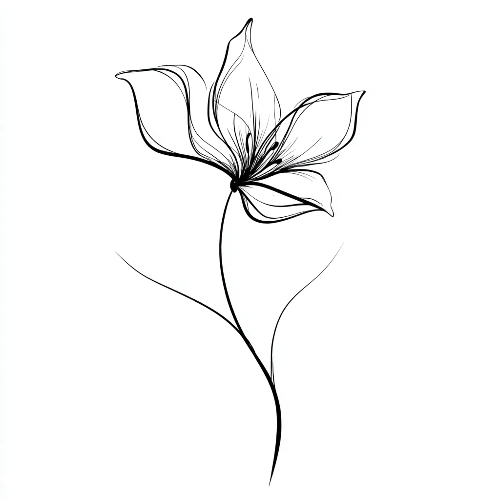 A delicate line drawing of a single flower, possibly a lily or similar bloom.  The petals are rendered with thin, flowing lines, creating a sense of lightness and airiness.  The stem is slender and elegant, curving gracefully. The overall style is minimalist and suggests a feeling of grace and simplicity.  The black ink on a white background enhances the image's delicate nature.