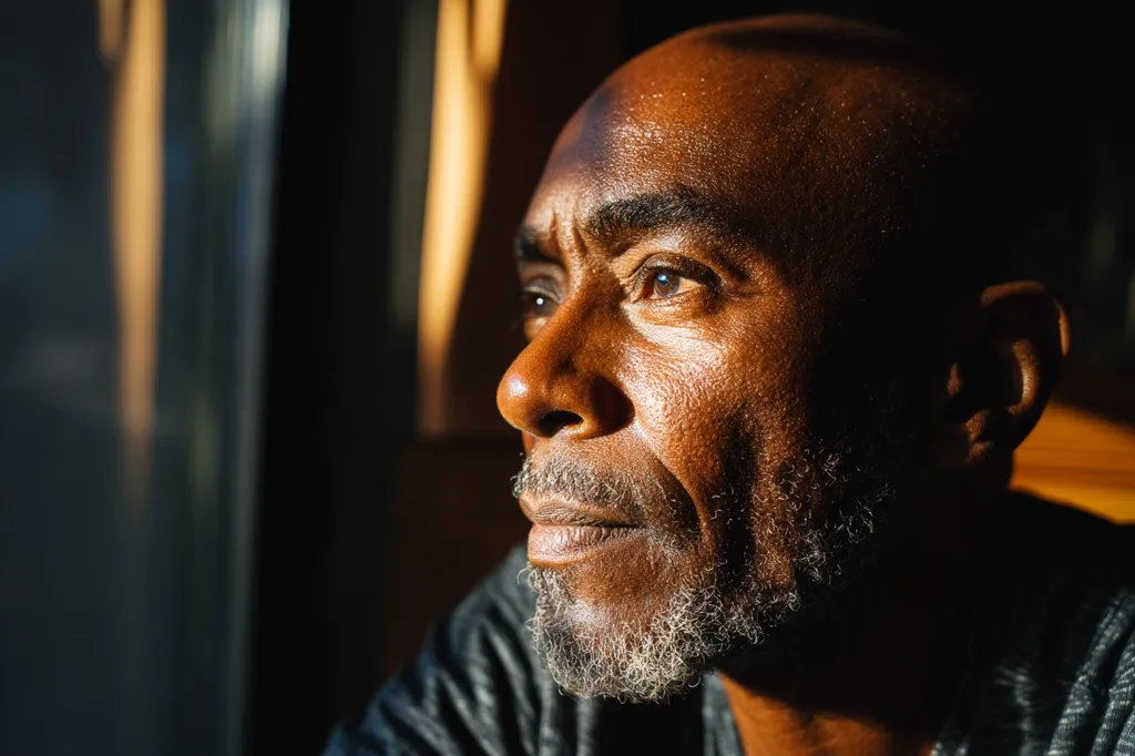 Close-up profile view of a contemplative older Black man.  Sunlight illuminates one side of his face, highlighting his weathered skin and thoughtful expression. He gazes off into the distance, his eyes conveying a sense of quiet reflection or perhaps introspection.  His graying goatee adds to his mature appearance. The background is dark and out of focus.