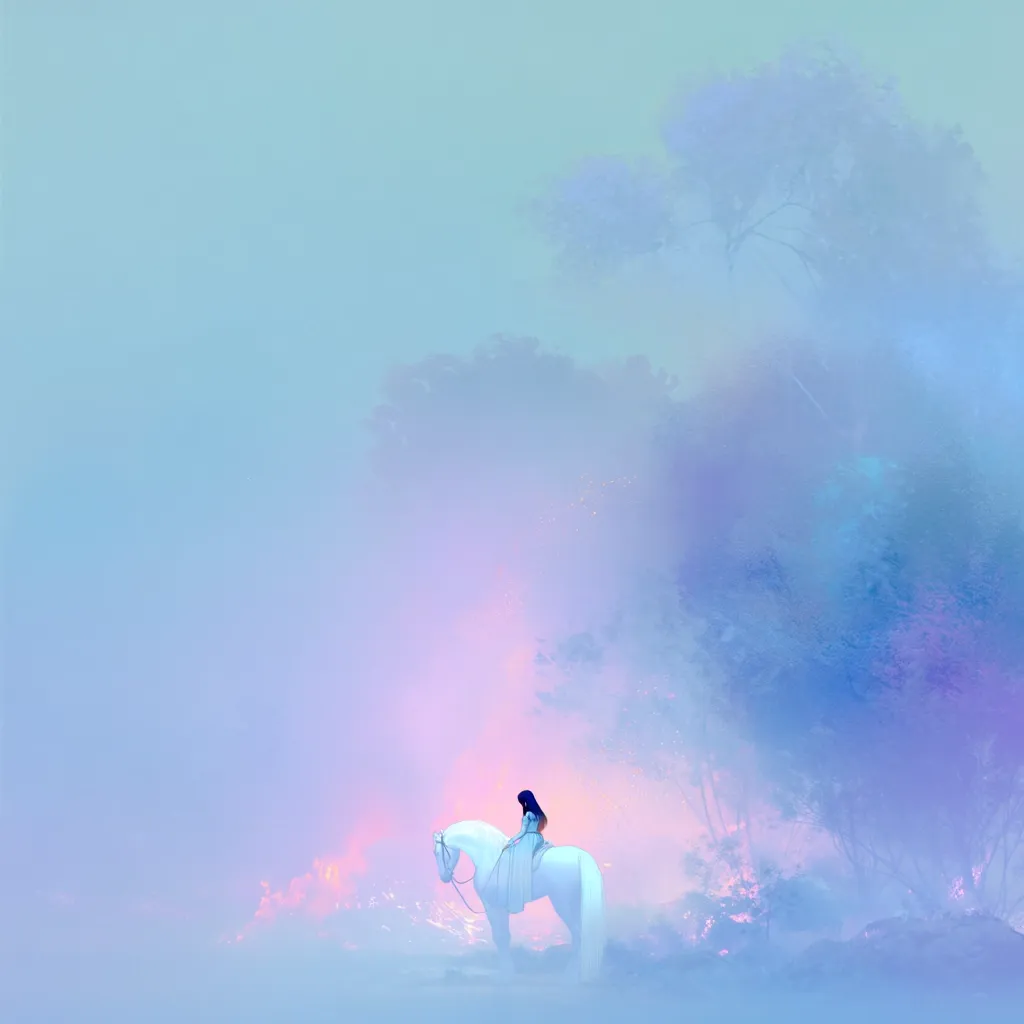 A lone woman in a flowing light blue dress sits atop a white horse.  They stand amidst a dreamy, pastel landscape, bathed in soft, ethereal light.  The background is filled with hazy, blue-purple trees, creating a mystical and serene atmosphere. The overall mood is peaceful and magical.