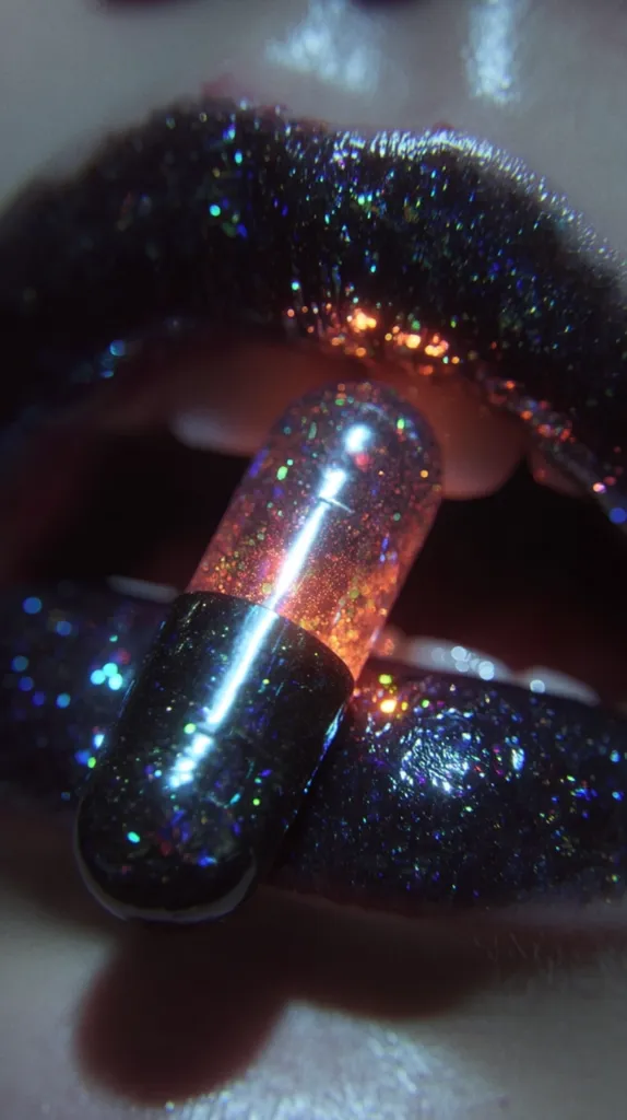Close-up shot of a person's lips covered in dark, glittery lipstick.  A large, translucent capsule filled with iridescent glitter is held between the lips. The capsule glows with an inner light, contrasting with the dark, shimmering lip color. The image has a surreal, almost otherworldly quality.