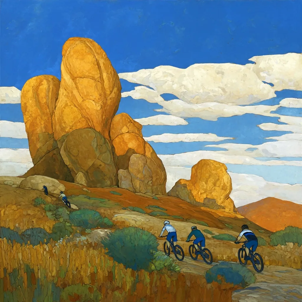 Three mountain bikers ascend a trail, their path winding through a sun-drenched landscape.  Towering golden rock formations dominate the background under a vibrant blue sky, punctuated by fluffy white clouds.  The scene is rendered in a stylized, almost impressionistic manner, with textured brushstrokes conveying both the rugged terrain and the warmth of the sunlight.  A hint of scrub brush and muted earth tones complete the arid, yet inviting, scene.