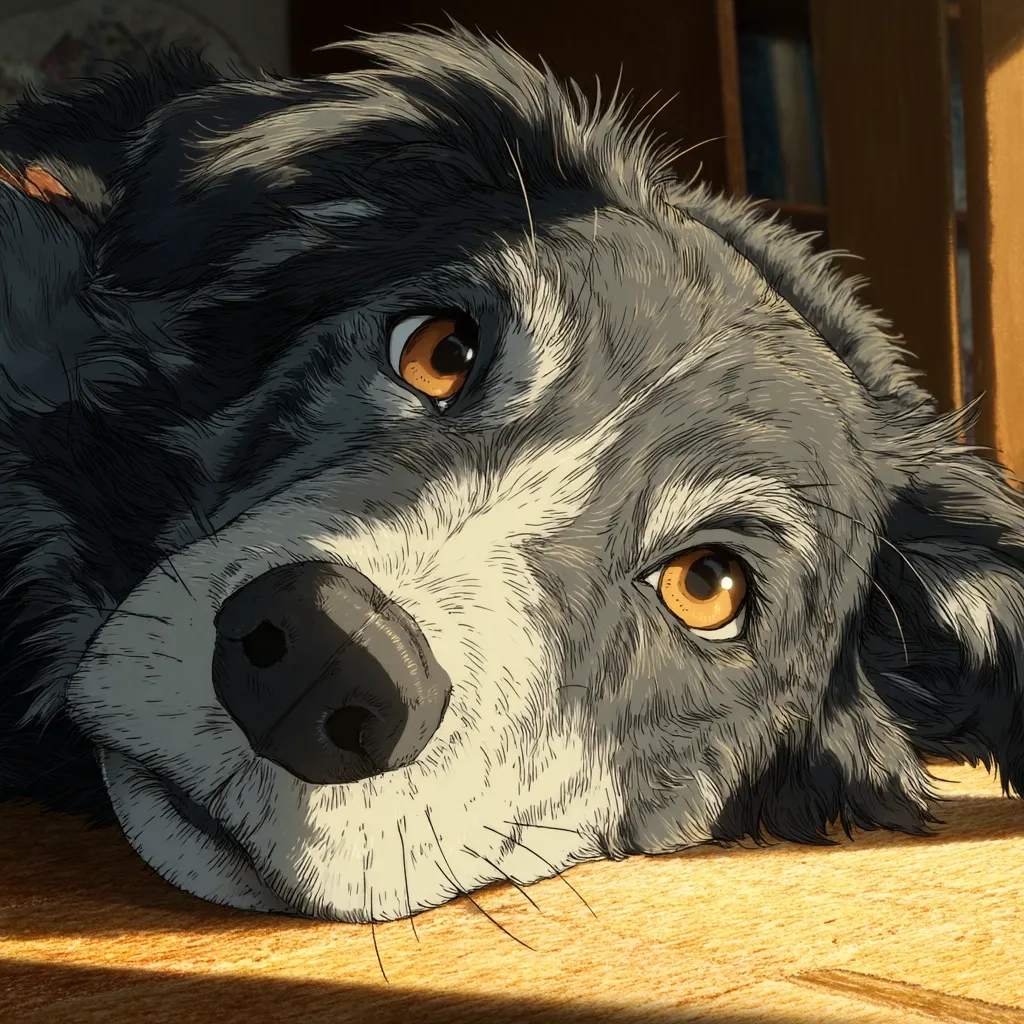 A detailed illustration showcases a border collie resting its head on a wooden surface, bathed in warm sunlight.  Its expressive amber eyes are captivating, and the artist's meticulous attention to detail is evident in the rendering of the dog's fur and facial features. The overall mood is serene and peaceful, capturing a moment of canine tranquility.