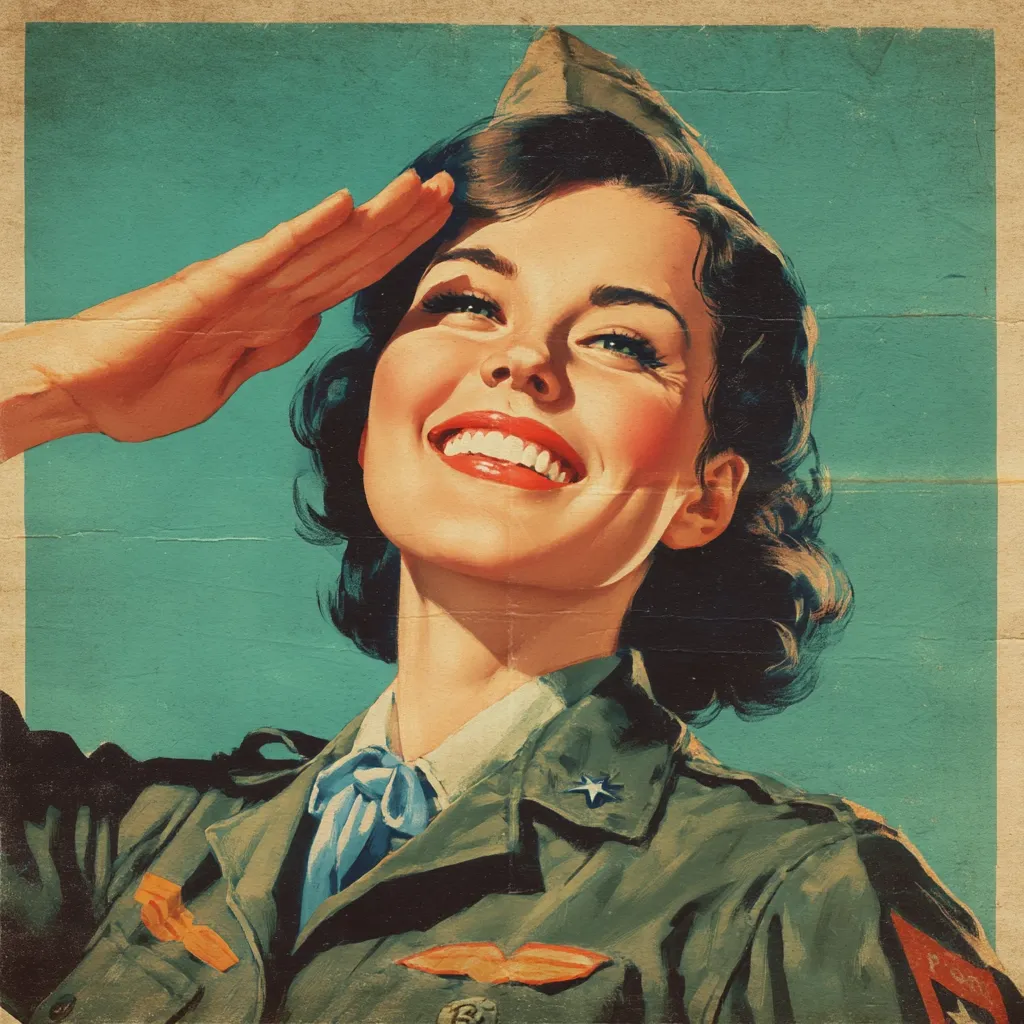 A vintage-style poster depicts a smiling woman in a military uniform, saluting.  Her dark hair is styled in a classic 1940s fashion, and she wears a cap and jacket adorned with insignia.  The background is a teal color, suggesting a patriotic or wartime theme. The image is reminiscent of propaganda posters from World War II, celebrating female contributions to the war effort. The overall style is evocative of retro artwork.
