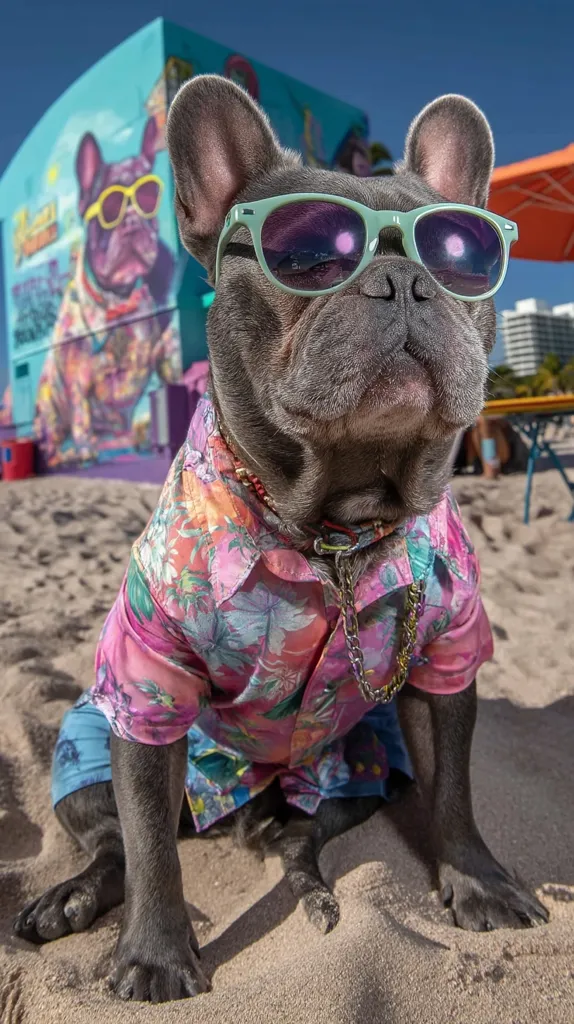 A stylish gray French Bulldog sits on a sandy beach, sporting pastel green sunglasses and a vibrant floral shirt.  The dog is positioned in front of a brightly painted wall featuring a similar breed, creating a playful and colorful scene. The overall mood is cheerful and summery, highlighting the dog's fashionable attire and relaxed beach setting.