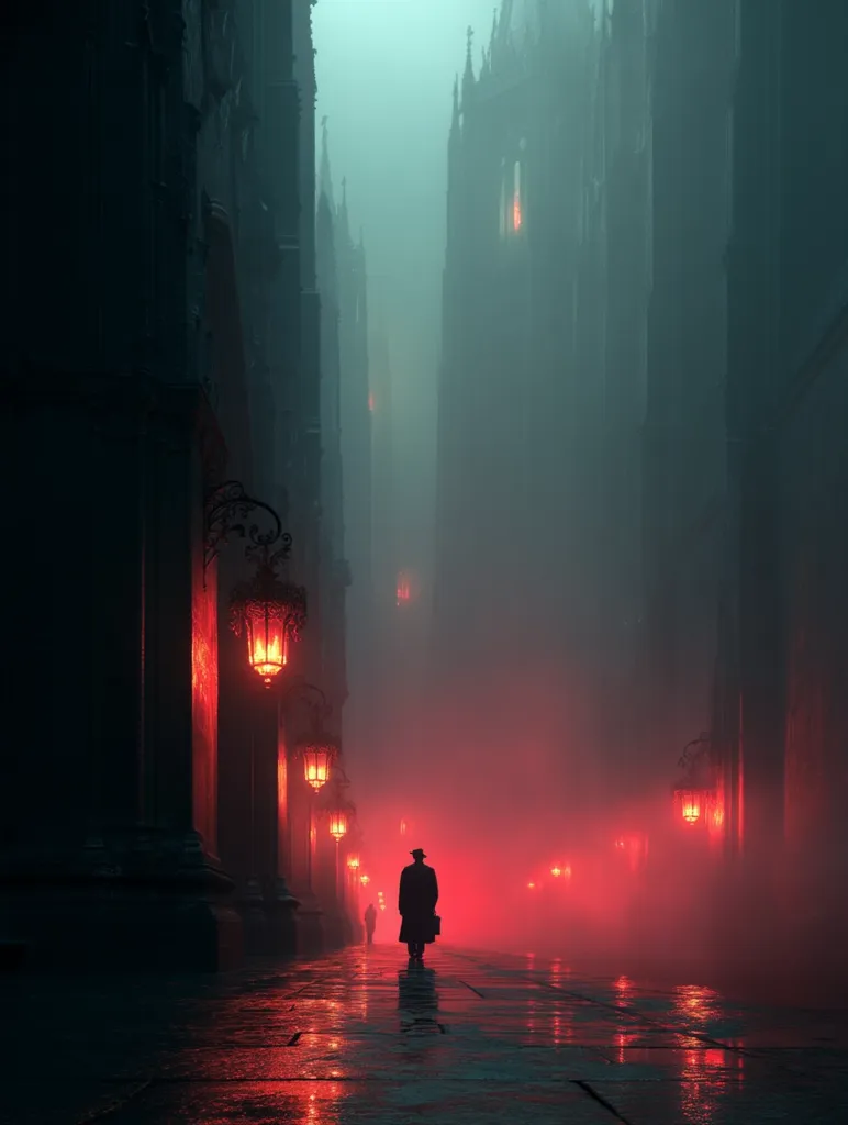 A solitary figure, silhouetted against a crimson-hued fog, walks down a narrow, gothic-style street.  Tall, imposing buildings line the path, their architectural details barely visible in the dense mist.  Glowing red lanterns cast an eerie light, illuminating the wet cobblestones and enhancing the mysterious, almost dreamlike atmosphere.  The scene evokes a sense of isolation and intrigue.