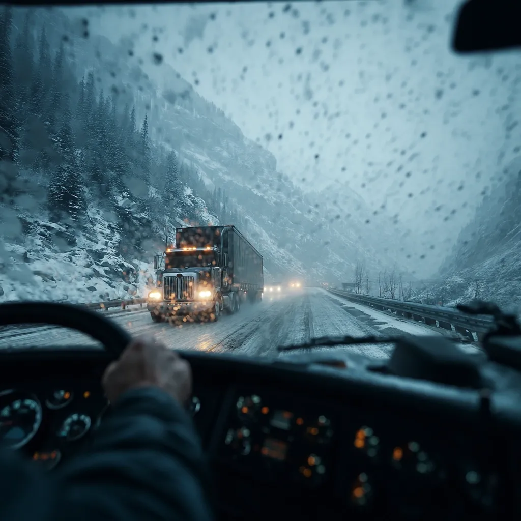 A driver's perspective from inside a vehicle on a snow-covered mountain road.  Rain streaks the windshield, obscuring the view of a large semi-truck ahead.  The road is winding, with snow-laden mountains on either side.  The atmosphere is bleak and cold, emphasizing the challenging driving conditions.  Other vehicles are visible in the distance, navigating the same perilous path.