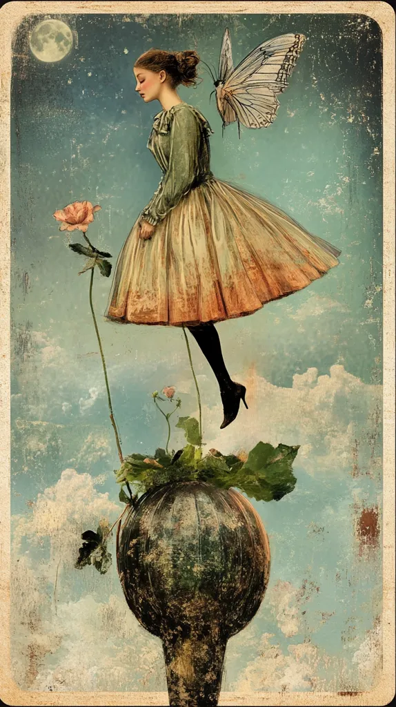 A whimsical illustration depicts a young woman in a flowing dress, seemingly suspended in mid-air above a large, bulbous plant.  A large butterfly is positioned near her, adding to the ethereal ambiance. The background is a dreamy sky with clouds and a moon, evoking a sense of fantasy and wonder.  The style is reminiscent of vintage art or a fairytale book illustration. The color palette is muted and soft, enhancing the overall magical mood.