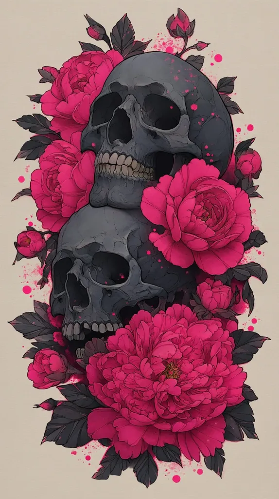 A striking illustration showcases two human skulls nestled amongst vibrant, hot pink peonies.  The skulls, rendered in dark grey, are intricately detailed, contrasting beautifully with the bright blossoms.  Dark grey leaves and stems frame the arrangement, adding depth and texture to the artwork.  Splashes of pink paint accentuate the overall bold and slightly macabre aesthetic.