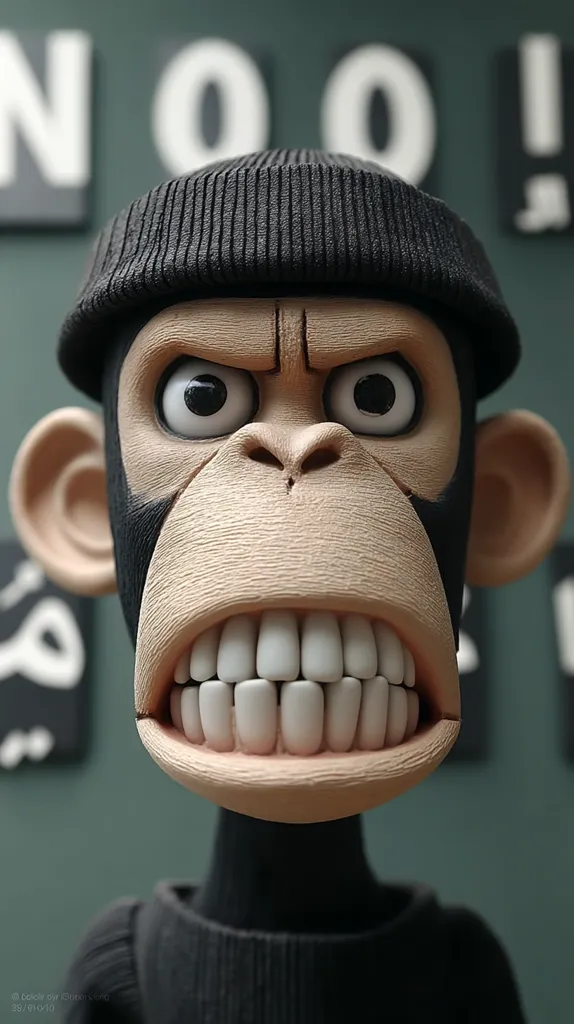 Close-up of a sculpted chimpanzee wearing a black beanie.  The chimp has a fierce expression, baring its teeth in a grimace. Its large eyes and detailed features are striking. The background is blurred, showing out-of-focus letters. The overall impression is one of  intense, almost menacing, character.