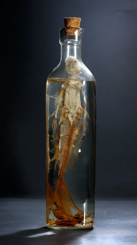 A glass bottle, sealed with a cork, contains a preserved specimen.  The specimen appears to be the skeletal remains of a mermaid-like creature, with a human-like upper body and a fish-like tail.  The bones are light beige, contrasting with the amber liquid within the bottle.  The bottle sits on a dark surface against a dark background, creating a dramatic and mysterious display.