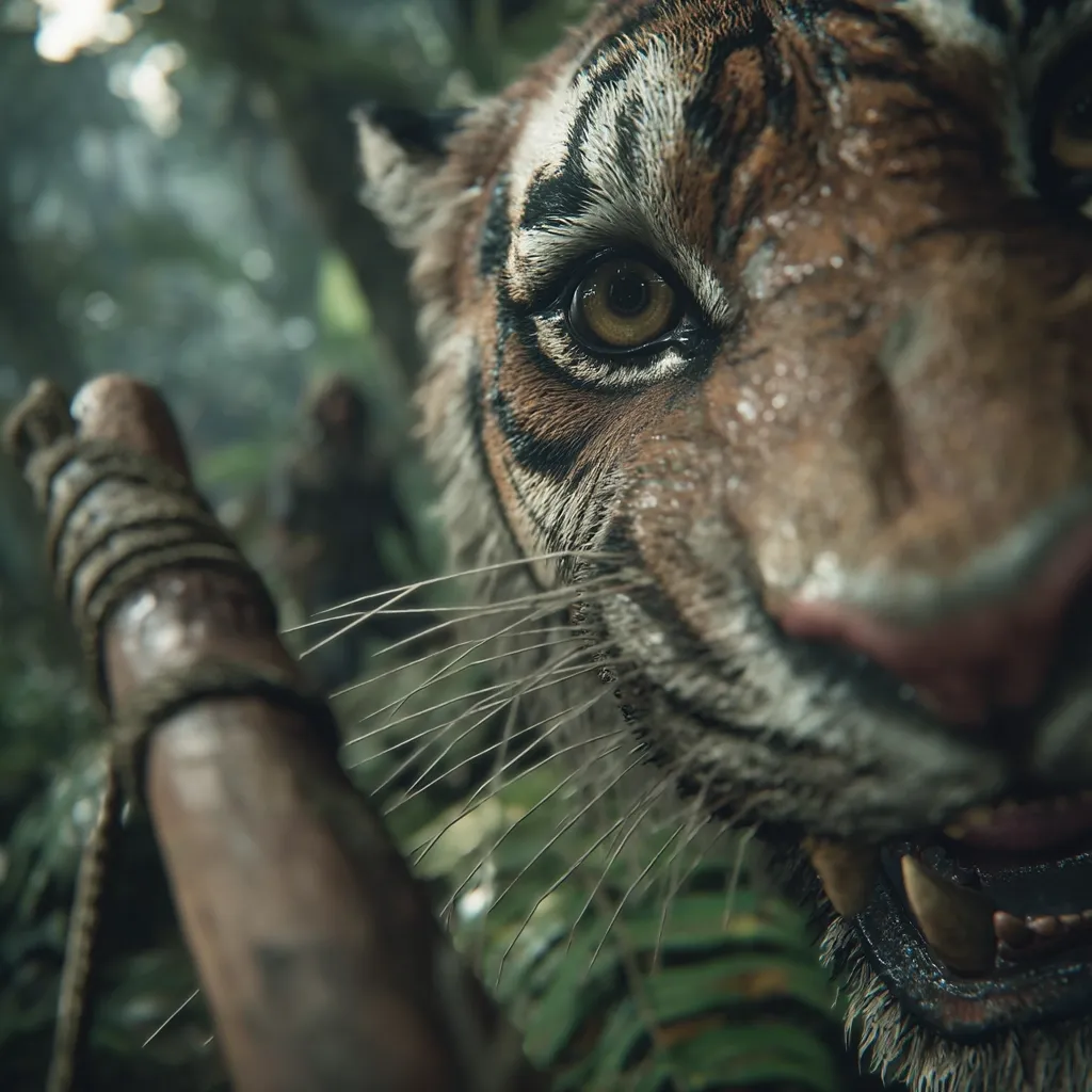A close-up reveals a tiger's intense gaze, its amber eyes piercing the viewer.  The tiger's wet fur and slightly open mouth suggest a tense moment in a lush, dark jungle setting. A blurred figure in the background, possibly a human, adds to the scene's suspense.  A wooden staff, possibly a weapon, is partially visible in the foreground, hinting at a potential confrontation.