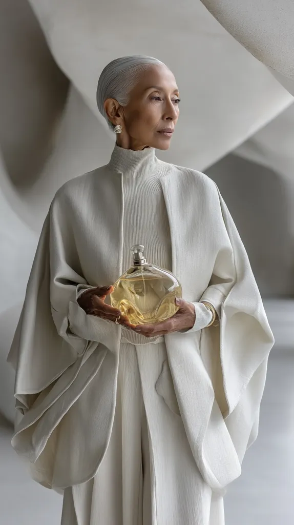 An elegant older woman with short, silver hair, wears a flowing, off-white, wide-sleeved top and matching pants.  She holds a light gold, curvaceous perfume bottle. The minimalist setting is predominantly white and gray, creating a serene and sophisticated atmosphere. The overall image conveys a sense of timeless beauty and grace.