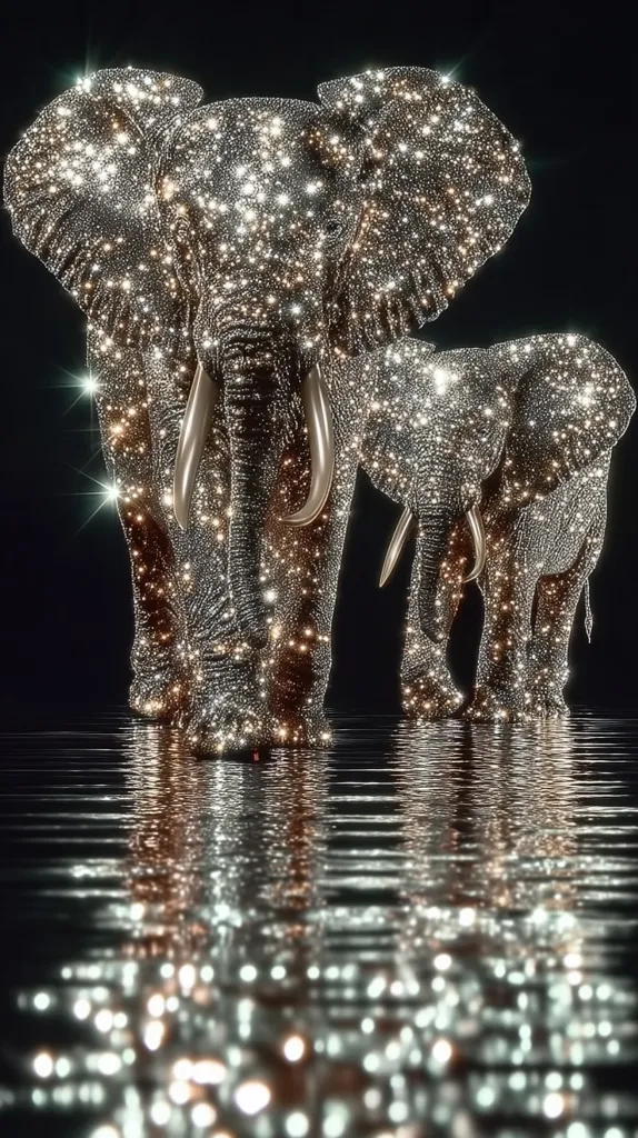 A large and a smaller elephant, shimmering with a celestial, glittering texture, stand in calm water.  Their forms reflect in the dark surface, creating a magical, almost otherworldly scene. The elephants appear adorned in sparkling diamonds or dust, their features subtly illuminated against the black background.  The overall effect is one of beauty and serene power.