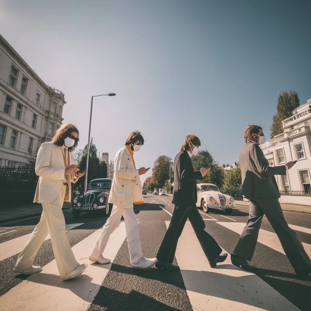 Four figures, dressed in 1960s-style suits and wearing white face masks, cross a pedestrian crossing. They mimic the iconic Beatles Abbey Road album cover.  Two classic cars are visible in the background, adding to the retro aesthetic. The scene is set on a sunny day in a London street, with elegant buildings lining the road.  Each person is looking down at a mobile phone.