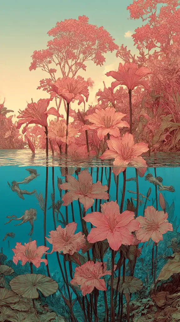 A serene illustration depicts a tranquil body of water, its surface mirroring a lush landscape of delicate pink lilies.  Submerged beneath the surface, the same lilies bloom, their reflections blending seamlessly with the aquatic environment.  Ethereal figures, possibly mermaids, gracefully swim amidst the underwater flowers, adding a mystical quality to the scene. The overall style is reminiscent of botanical illustration, with intricate linework and soft color palettes creating a dreamlike atmosphere.