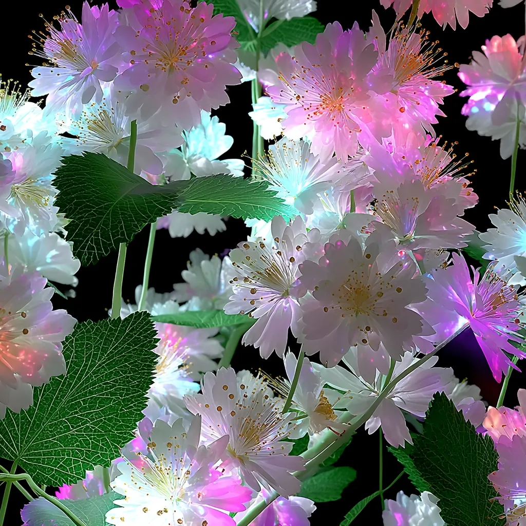 A vibrant close-up showcases a cluster of flowers, their petals in shades of white, pink, and purple, exhibiting an almost ethereal glow.  The blossoms are densely packed, creating a rich texture.  Dark green leaves contrast with the bright flowers, providing visual depth against a black background.  The image suggests a digitally enhanced or manipulated photograph, emphasizing the luminosity and color saturation of the blooms.