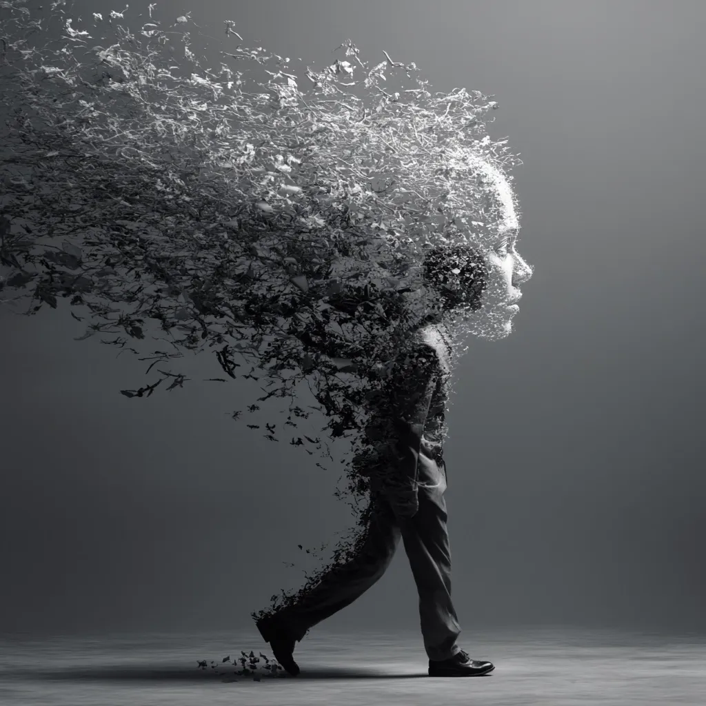 A grayscale image depicts a man in a suit walking away, his form dissolving into fragments.  The disintegration starts from his head and upper body, creating a cloud of particles that trail behind him. The overall effect suggests a sense of disintegration, loss, or transition. The background is a simple, neutral gray, focusing attention on the figure's disappearing act.